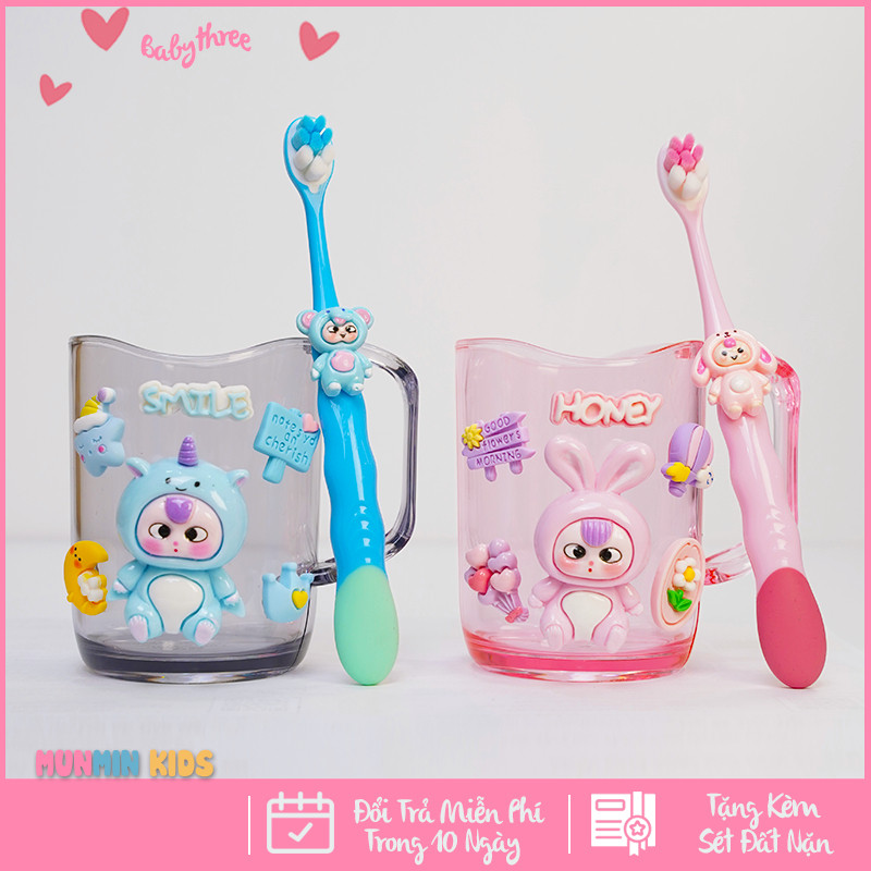 Bộ Cốc Bàn Chải Đánh Răng Trẻ Em Hình 3D Dễ Thương Cho Bé 3-10 Tuổi - Cốc Súc Miệng Kèm Bàn Chải Lông Mềm