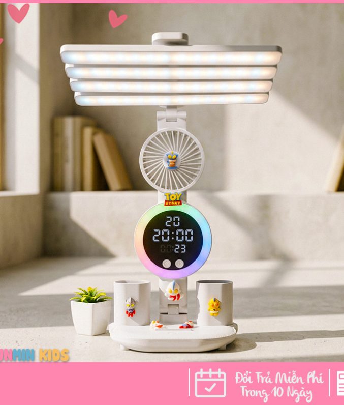 Đèn Học Đa Năng Hình Nhân Vật Dễ Thương – Tích Hợp Quạt, Màn Hình LED & 3 Chế Độ Sáng Chống Cận