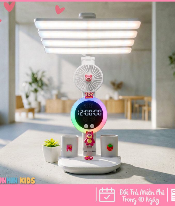 Đèn Học Đa Năng Hình Nhân Vật Dễ Thương – Tích Hợp Quạt, Màn Hình LED & 3 Chế Độ Sáng Chống Cận