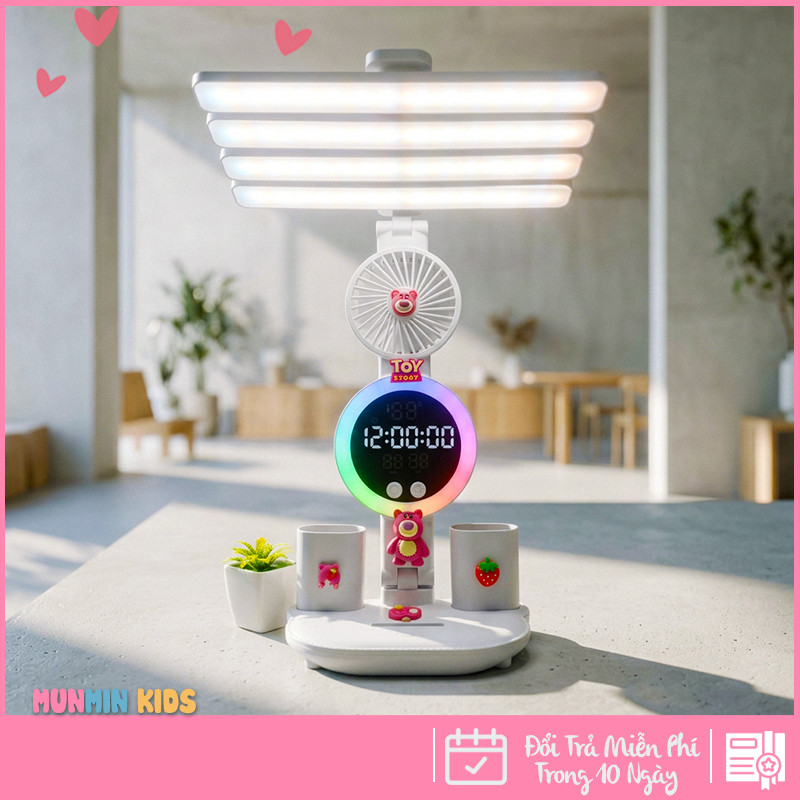 Đèn Học Đa Năng Hình Nhân Vật Dễ Thương – Tích Hợp Quạt, Màn Hình LED & 3 Chế Độ Sáng Chống Cận