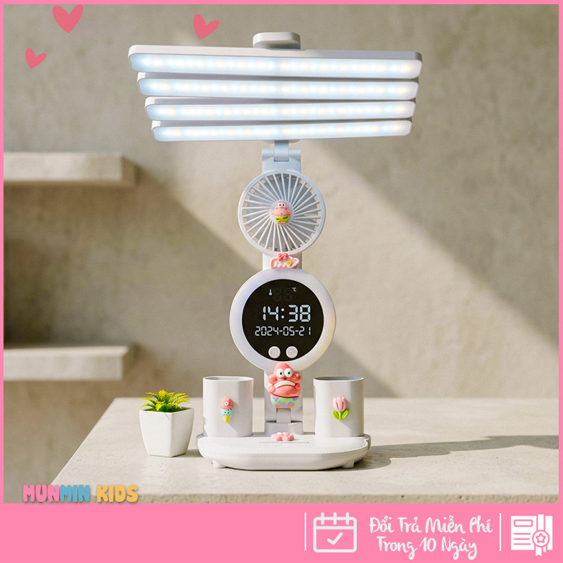 Đèn Học Đa Năng Hình Nhân Vật Dễ Thương – Tích Hợp Quạt, Màn Hình LED & 3 Chế Độ Sáng Chống Cận