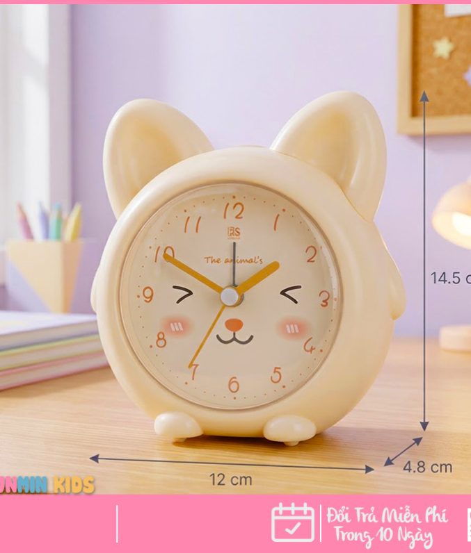 Đồng Hồ Báo Thức Hình Thú Dễ Thương Cho Bé - Thỏ Mèo Hươu Chó, Có Nhạc Đèn Ngủ Báo Lại, Chạy Êm Để Bàn Phòng Ngủ Trẻ Em