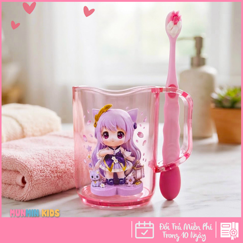 MunMin Kids Cốc Bàn Chải Đánh Răng Cho Bé Hình Công Chúa Mèo Dễ Thương 280ml Nhựa PS Nguyên Sinh