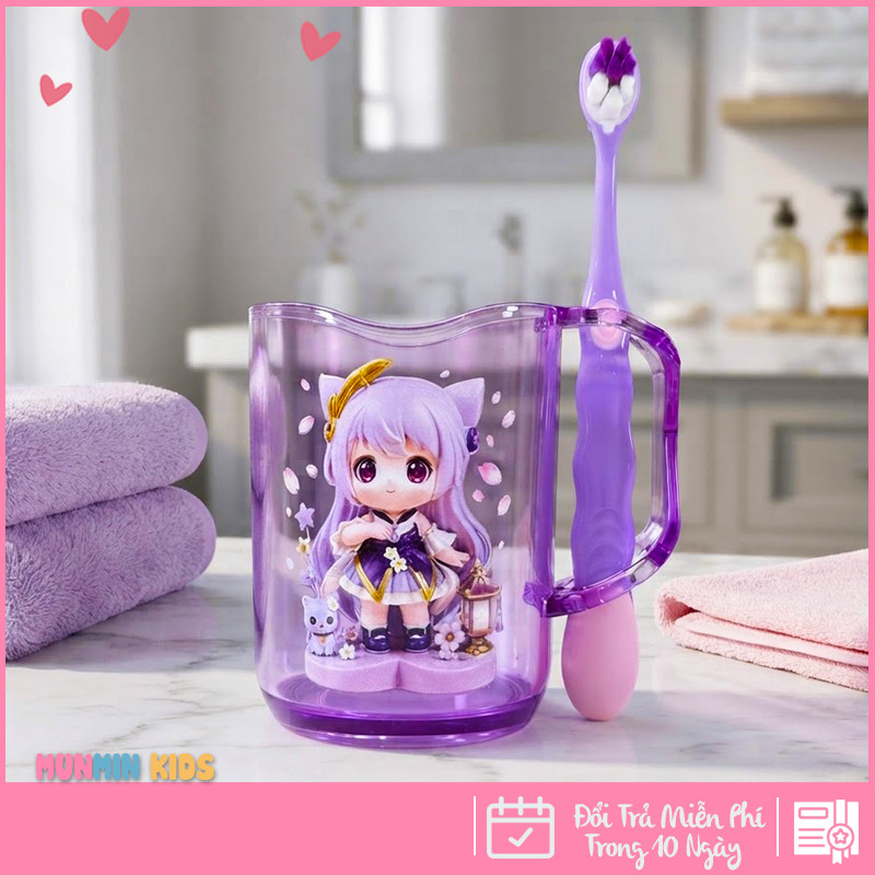 MunMin Kids Cốc Bàn Chải Đánh Răng Cho Bé Hình Công Chúa Mèo Dễ Thương 280ml Nhựa PS Nguyên Sinh