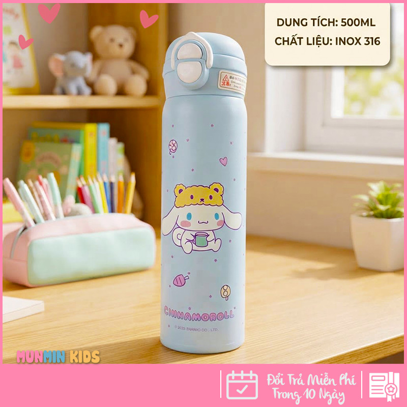 Bình Giữ Nhiệt Trẻ Em Hoạt Hình 500ml Inox 316 Cao Cấp - Bình Nước Có Khóa An Toàn Chống Rò Rỉ Cho Bé