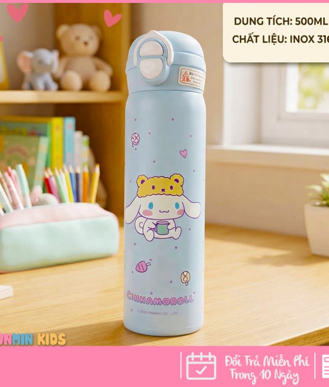 Bình Giữ Nhiệt Trẻ Em Hoạt Hình 500ml Inox 316 Cao Cấp - Bình Nước Có Khóa An Toàn Chống Rò Rỉ Cho Bé
