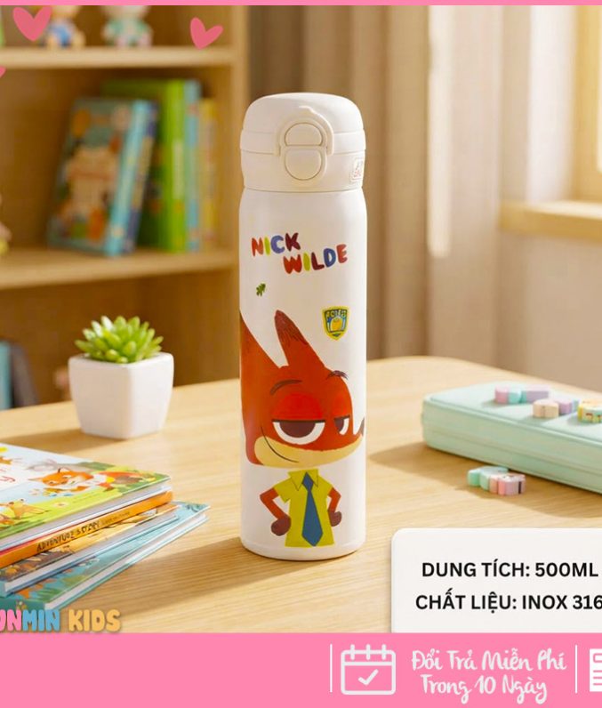 Bình Giữ Nhiệt Inox 316 Nắp Bật Hình Thú 3D Ống Hút 500ml Cho Bé