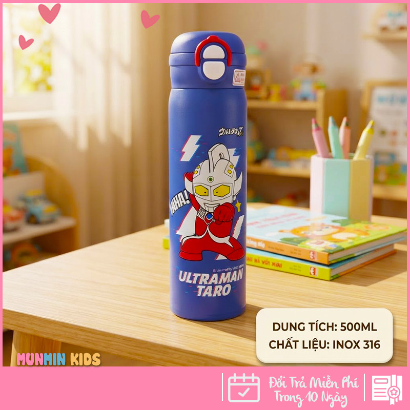 Bình Giữ Nhiệt Inox 316 Nắp Bật Hình Thú 3D Ống Hút 500ml Cho Bé