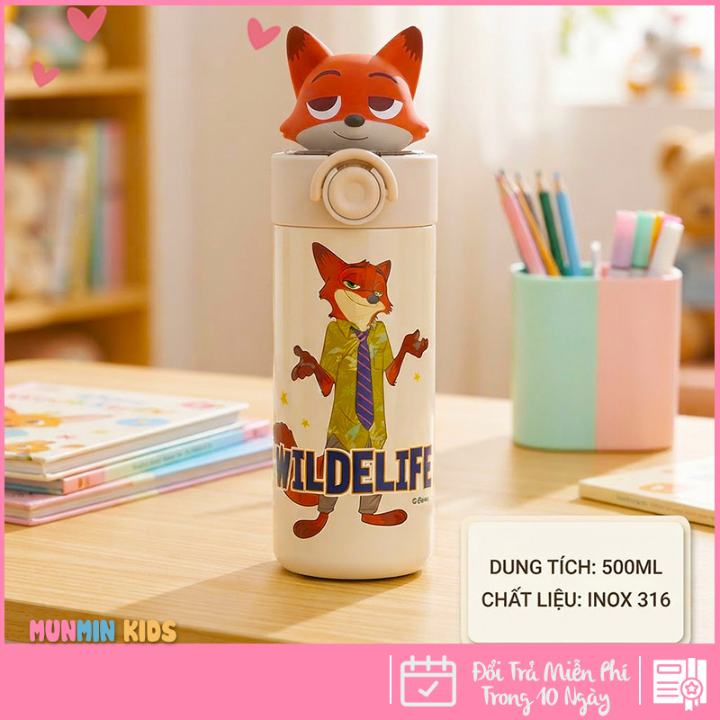 Bình Giữ Nhiệt Inox 316 Nắp Bật Hình Thú 3D Ống Hút 500ml Cho Bé
