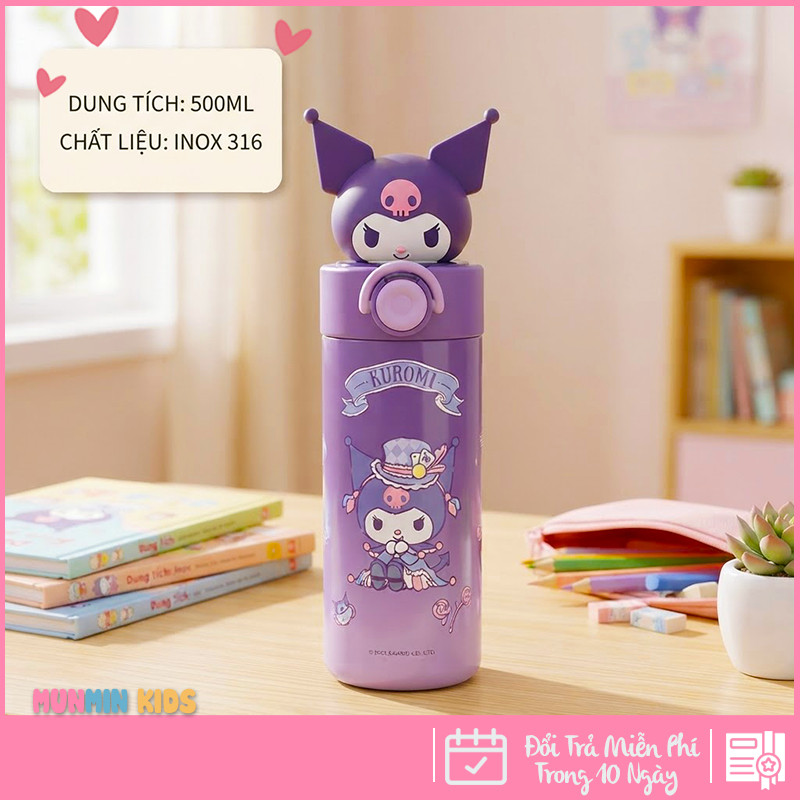 Bình Giữ Nhiệt Inox 316 Nắp Bật Hình Thú 3D Ống Hút 500ml Cho Bé
