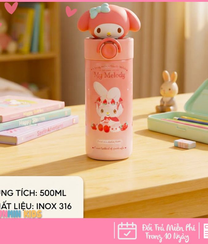 Bình Giữ Nhiệt Inox 316 Nắp Bật Hình Thú 3D Ống Hút 500ml Cho Bé