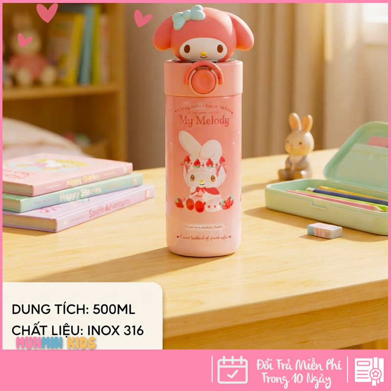 Bình Giữ Nhiệt Inox 316 Nắp Bật Hình Thú 3D Ống Hút 500ml Cho Bé