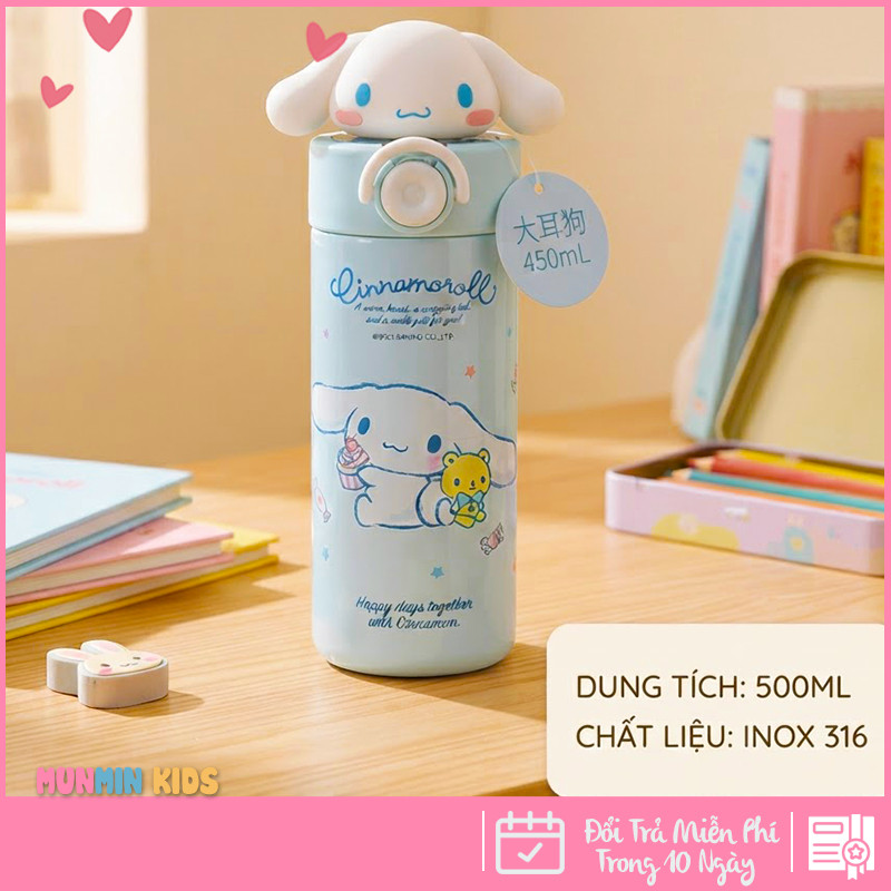Bình Giữ Nhiệt Inox 316 Nắp Bật Hình Thú 3D Ống Hút 500ml Cho Bé