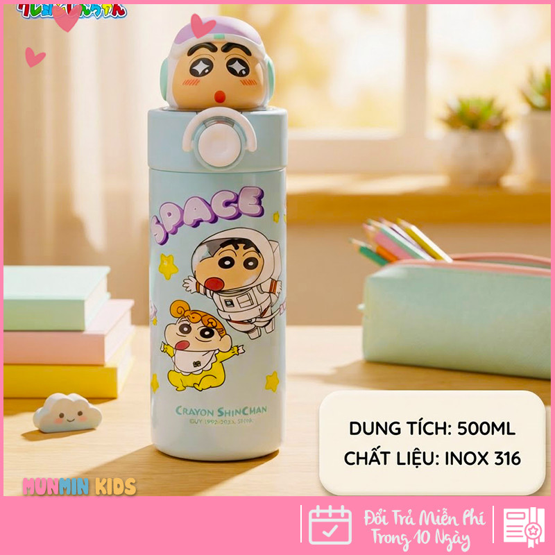 Bình Giữ Nhiệt Inox 316 Nắp Bật Hình Thú 3D Ống Hút 500ml Cho Bé