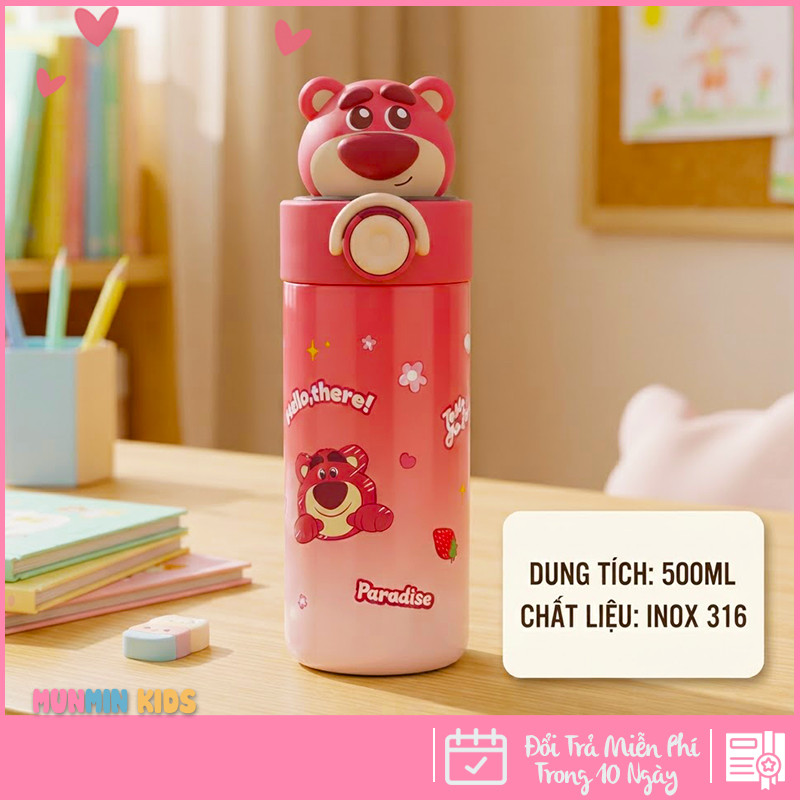 Bình Giữ Nhiệt Inox 316 Nắp Bật Hình Thú 3D Ống Hút 500ml Cho Bé