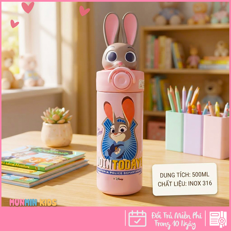 Bình Giữ Nhiệt Inox 316 Nắp Bật Hình Thú 3D Ống Hút 500ml Cho Bé